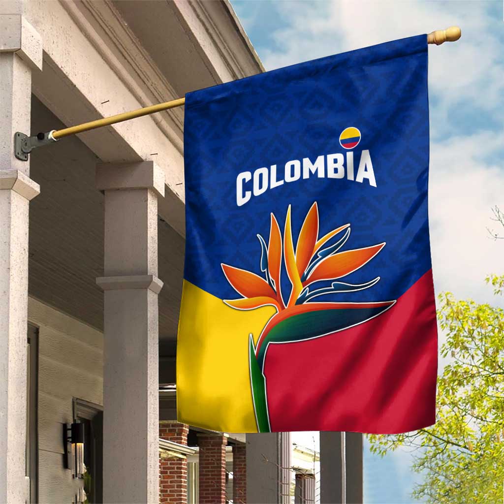 Colombia Heliconia Flower Garden Flag with Flag Colors and Blue Cultural Pattern Design - Wonder Print Shop