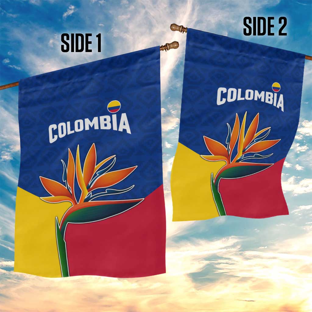 Colombia Heliconia Flower Garden Flag with Flag Colors and Blue Cultural Pattern Design - Wonder Print Shop