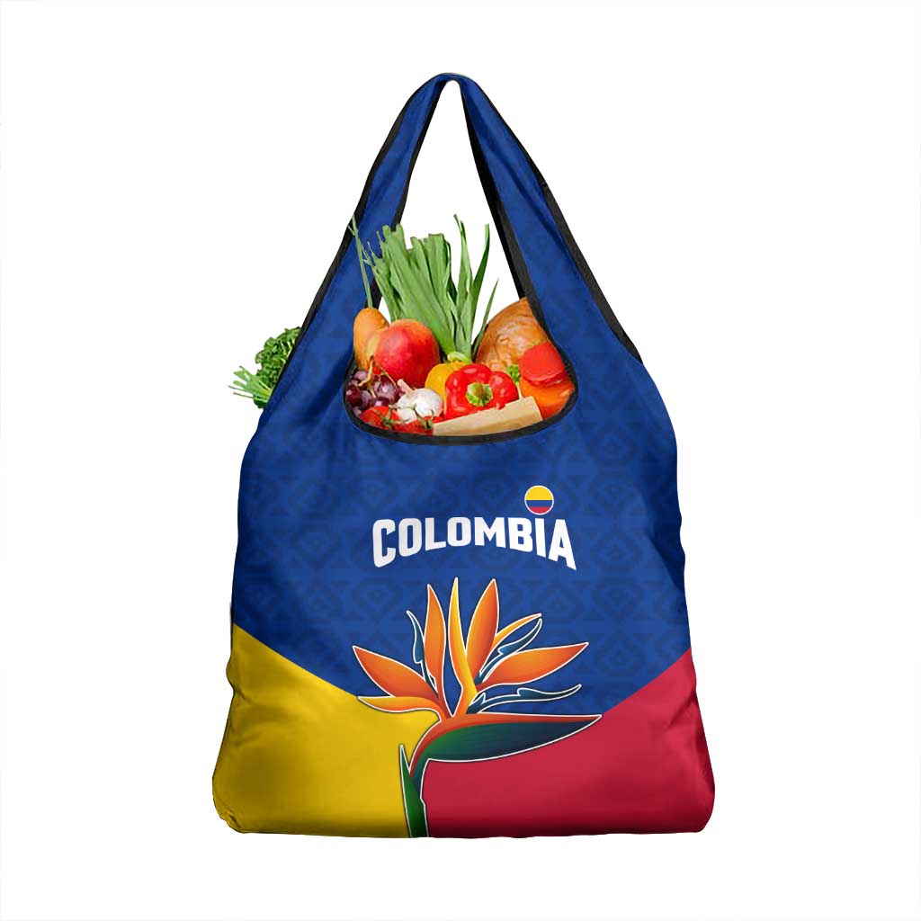 Colombia Heliconia Flower Grocery Bag with Flag Colors and Blue Cultural Pattern Design - Wonder Print Shop