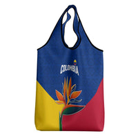 Colombia Heliconia Flower Grocery Bag with Flag Colors and Blue Cultural Pattern Design - Wonder Print Shop