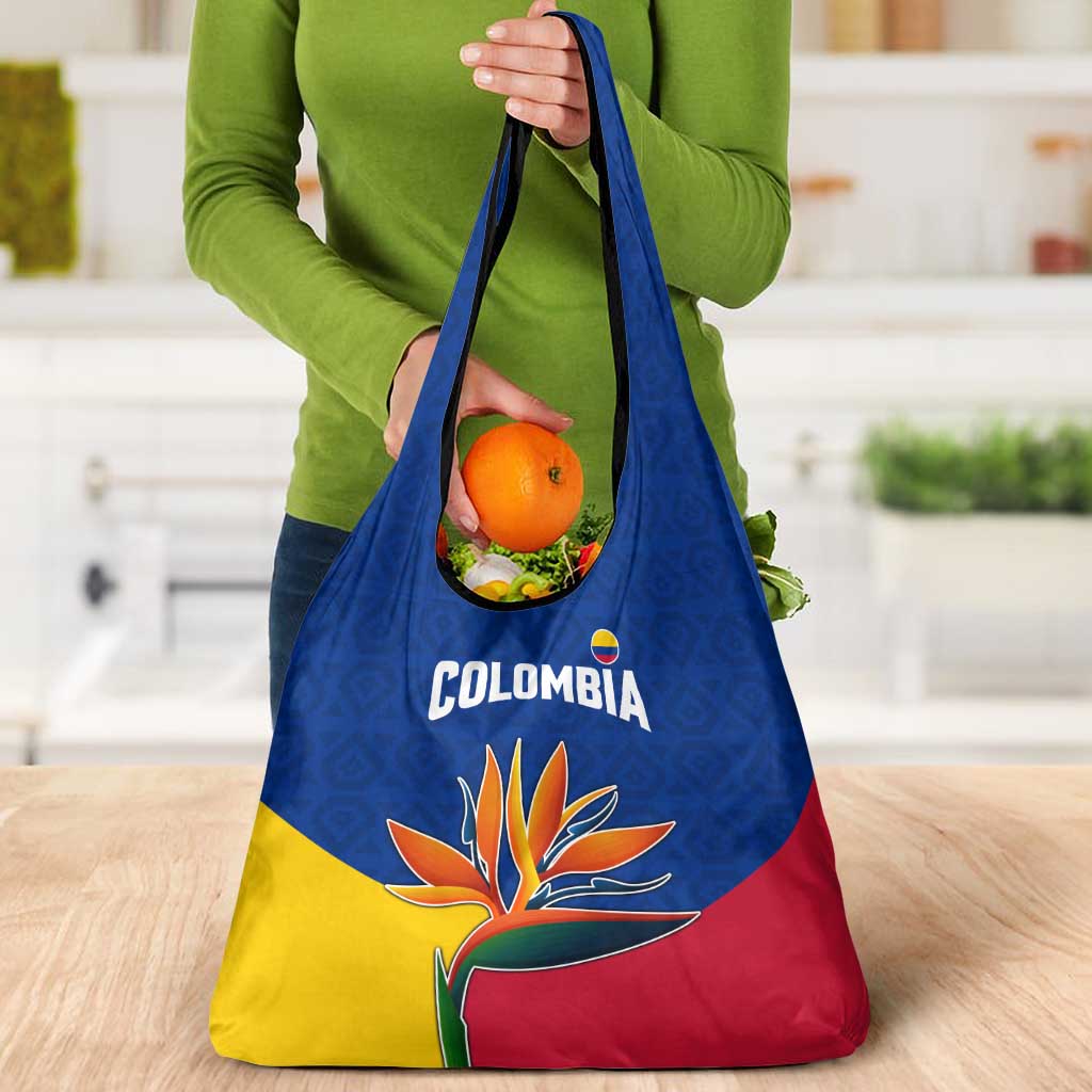 Colombia Heliconia Flower Grocery Bag with Flag Colors and Blue Cultural Pattern Design - Wonder Print Shop