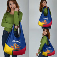 Colombia Heliconia Flower Grocery Bag with Flag Colors and Blue Cultural Pattern Design - Wonder Print Shop
