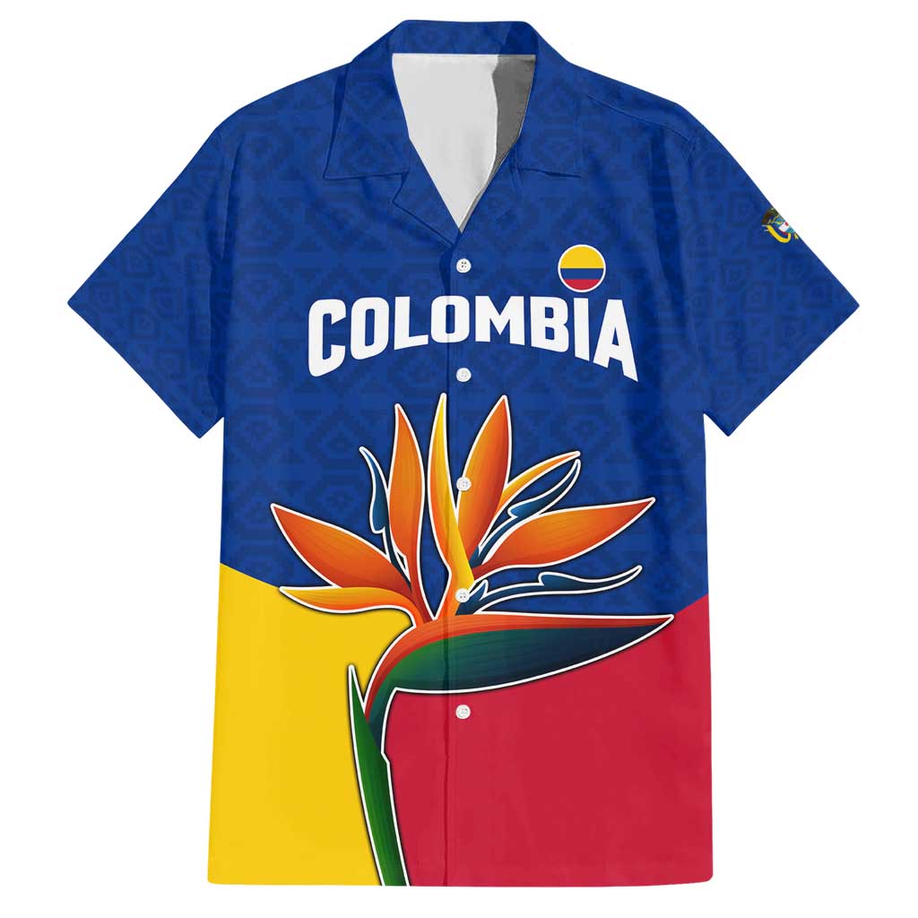 Colombia Heliconia Flower Hawaiian Shirt with Flag Colors and Blue Cultural Pattern Design - Wonder Print Shop
