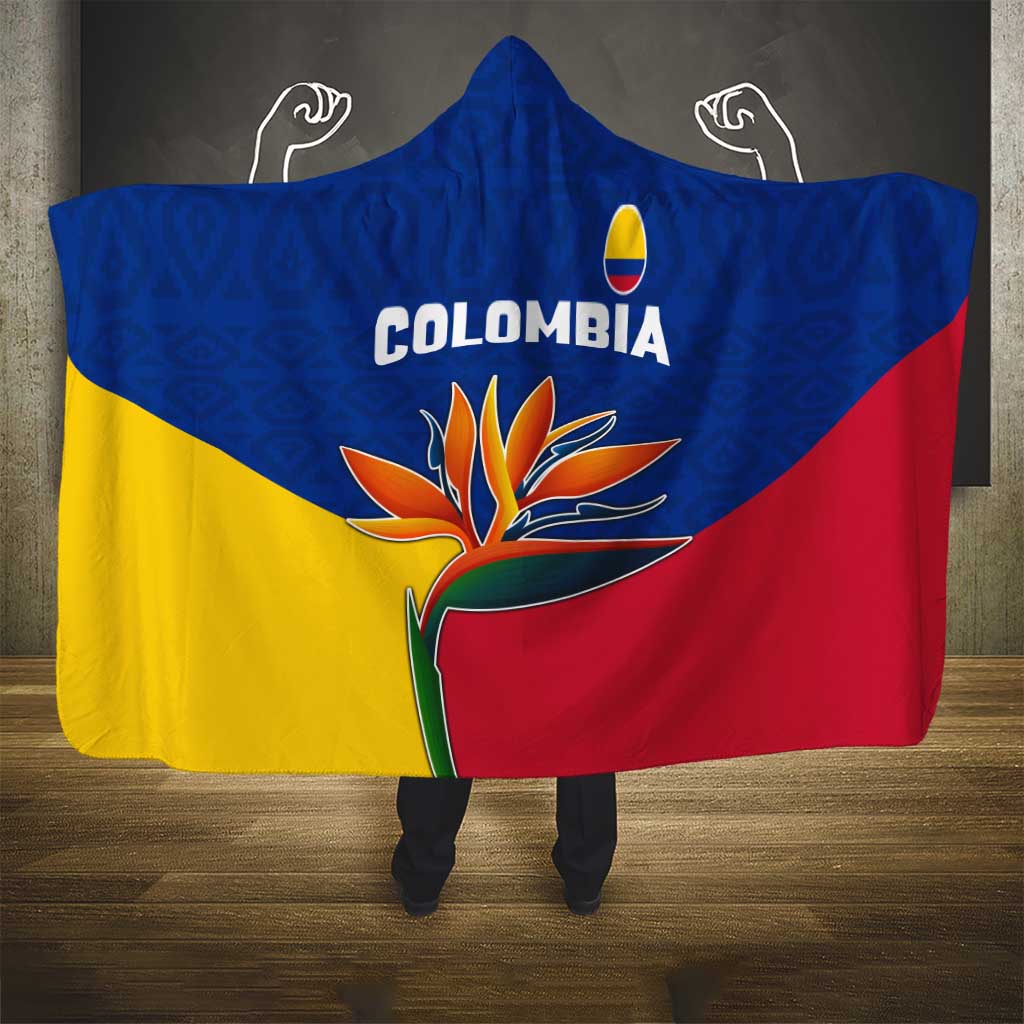 Colombia Heliconia Flower Hooded Blanket with Flag Colors and Blue Cultural Pattern Design - Wonder Print Shop