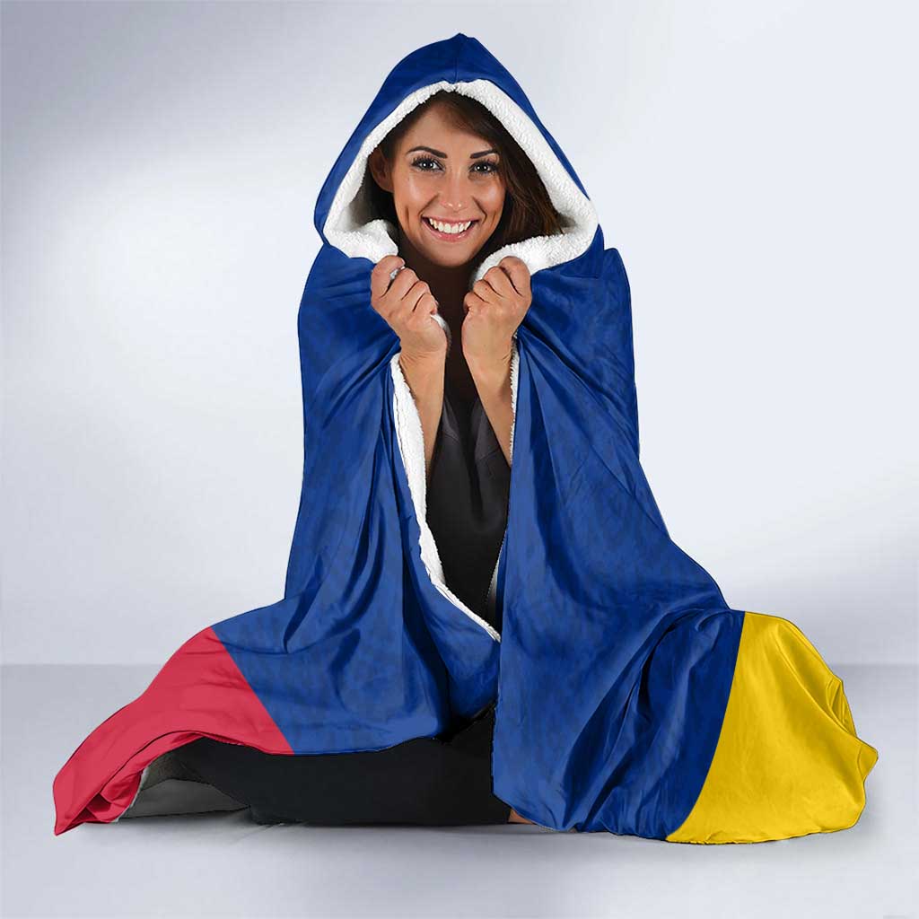 Colombia Heliconia Flower Hooded Blanket with Flag Colors and Blue Cultural Pattern Design - Wonder Print Shop