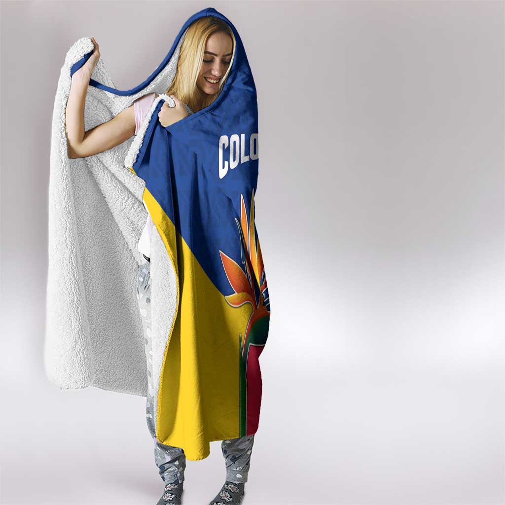 Colombia Heliconia Flower Hooded Blanket with Flag Colors and Blue Cultural Pattern Design - Wonder Print Shop