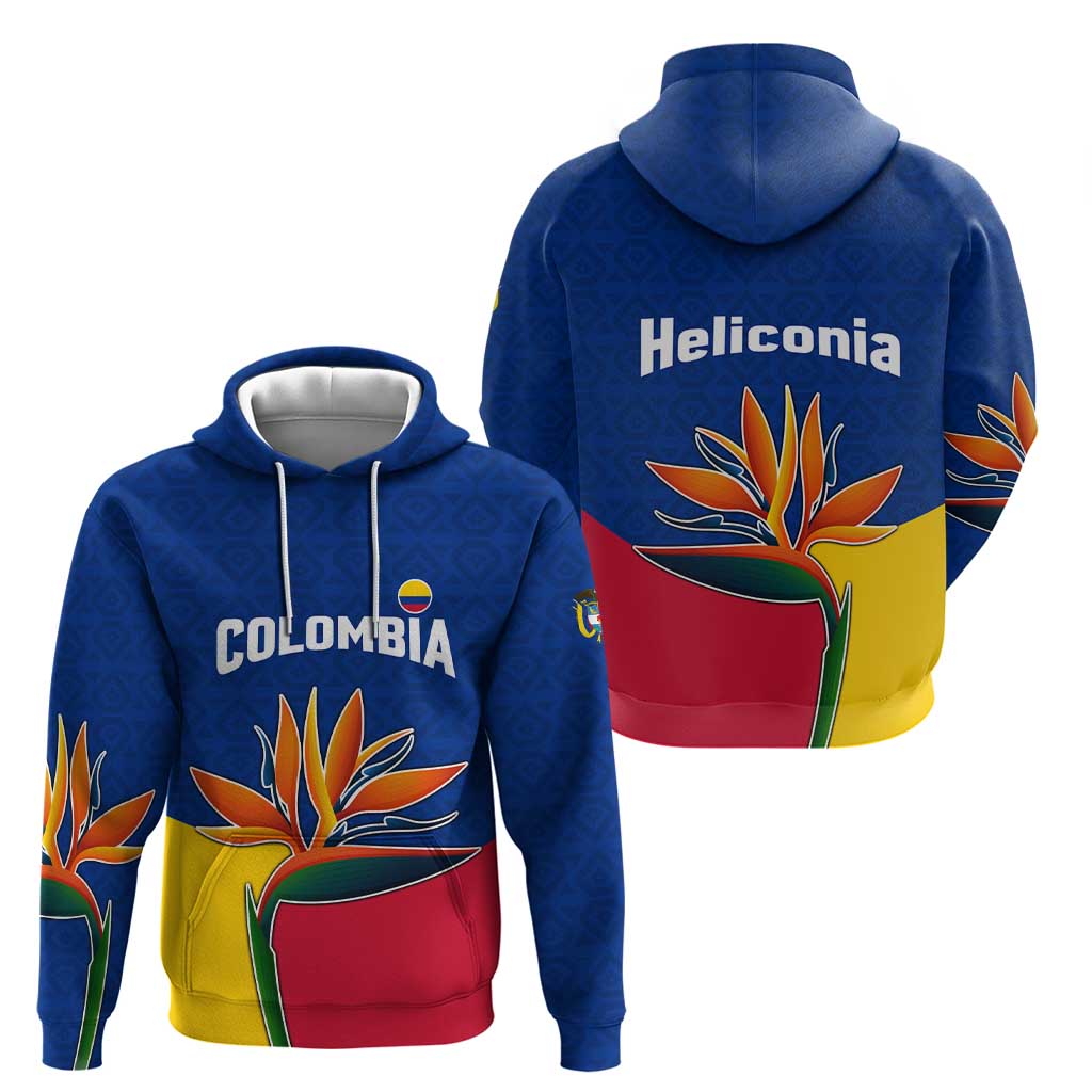 Colombia Heliconia Flower Hoodie with Flag Colors and Blue Cultural Pattern Design - Wonder Print Shop