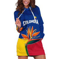 Colombia Heliconia Flower Hoodie Dress with Flag Colors and Blue Cultural Pattern Design - Wonder Print Shop