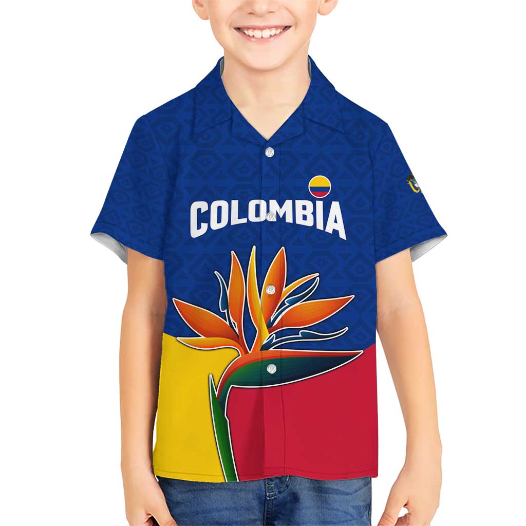 Colombia Heliconia Flower Kid Hawaiian Shirt with Flag Colors and Blue Cultural Pattern Design - Wonder Print Shop