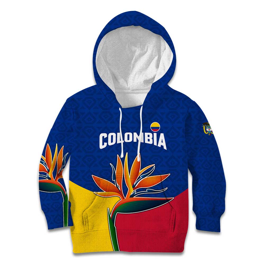 Colombia Heliconia Flower Kid Hoodie with Flag Colors and Blue Cultural Pattern Design - Wonder Print Shop