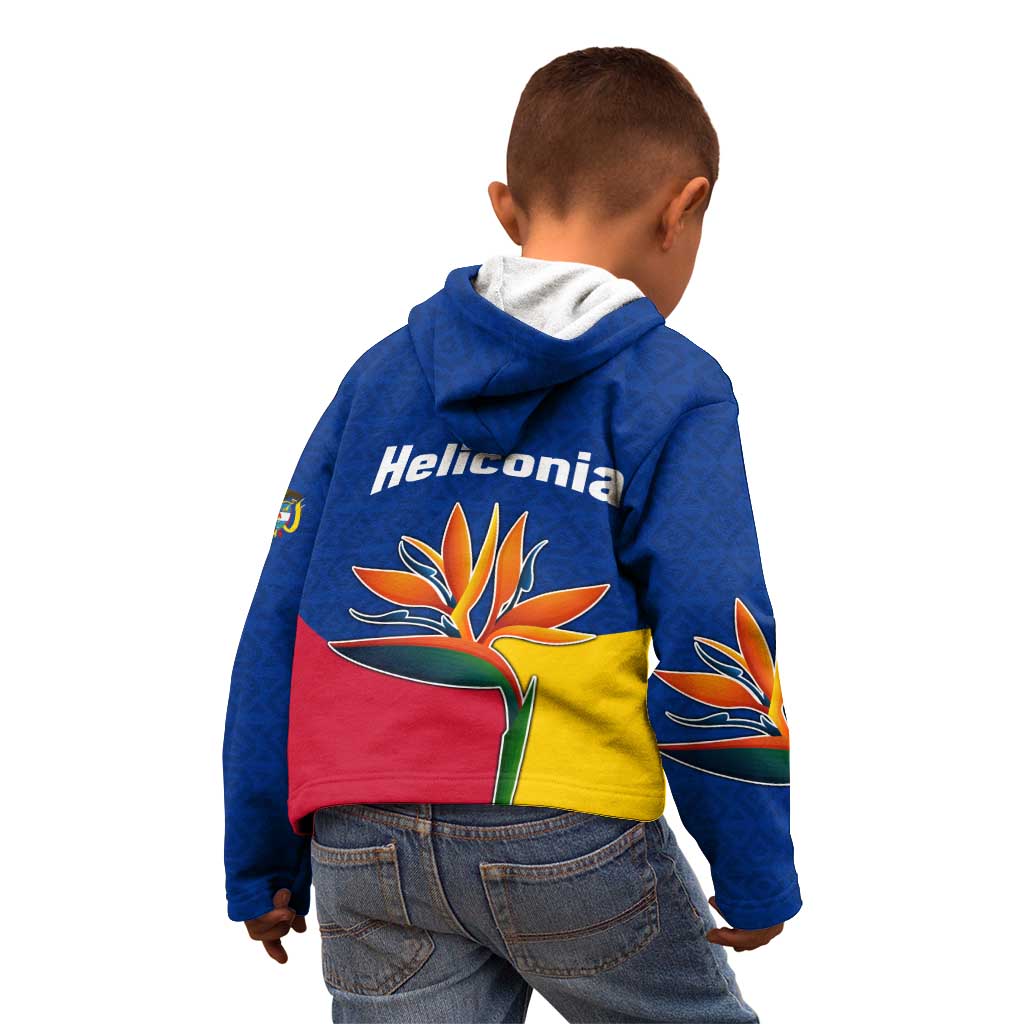 Colombia Heliconia Flower Kid Hoodie with Flag Colors and Blue Cultural Pattern Design - Wonder Print Shop