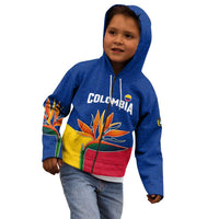 Colombia Heliconia Flower Kid Hoodie with Flag Colors and Blue Cultural Pattern Design - Wonder Print Shop