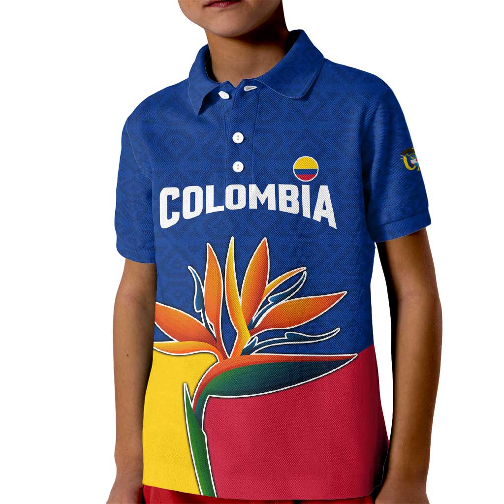 Colombia Heliconia Flower Kid Polo Shirt with Flag Colors and Blue Cultural Pattern Design - Wonder Print Shop