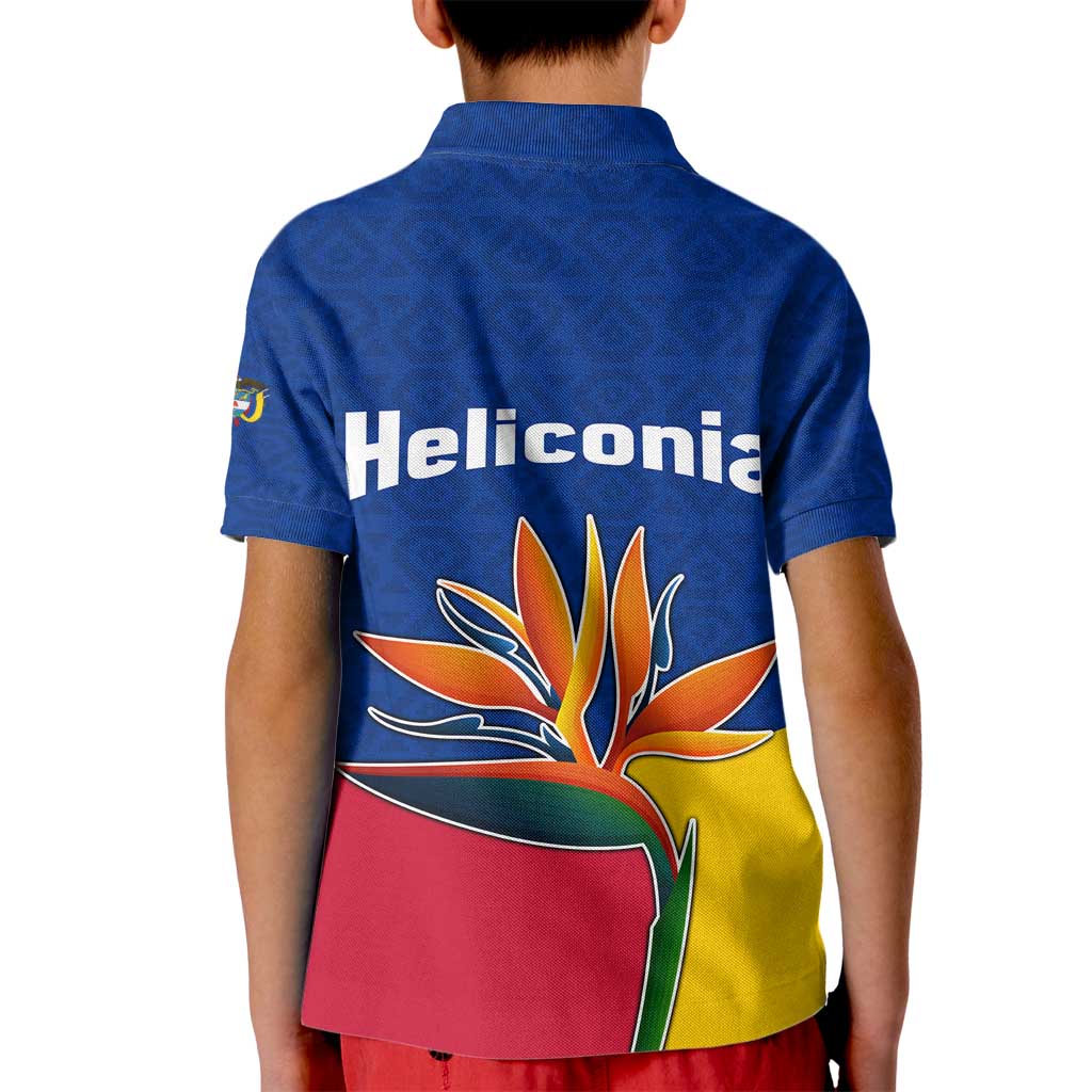Colombia Heliconia Flower Kid Polo Shirt with Flag Colors and Blue Cultural Pattern Design - Wonder Print Shop