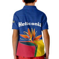 Colombia Heliconia Flower Kid Polo Shirt with Flag Colors and Blue Cultural Pattern Design - Wonder Print Shop