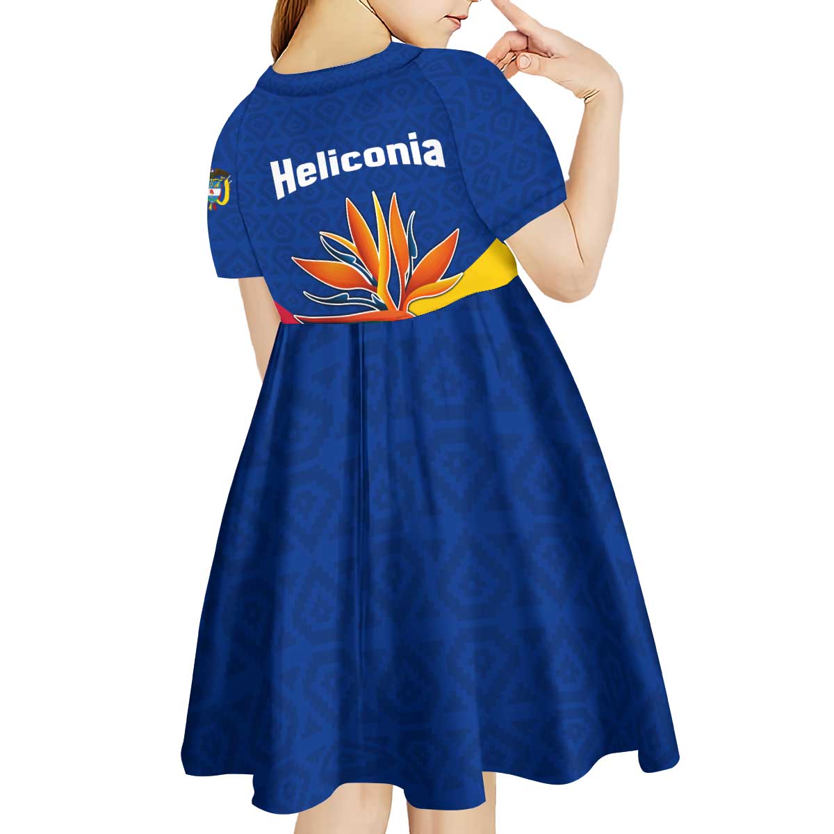 Colombia Heliconia Flower Kid Short Sleeve Dress with Flag Colors and Blue Cultural Pattern Design - Wonder Print Shop