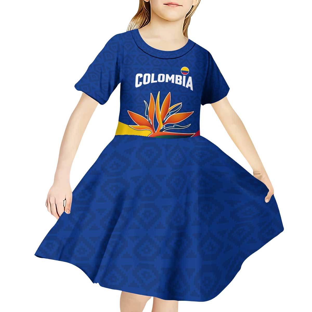 Colombia Heliconia Flower Kid Short Sleeve Dress with Flag Colors and Blue Cultural Pattern Design - Wonder Print Shop