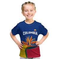 Colombia Heliconia Flower Kid T Shirt with Flag Colors and Blue Cultural Pattern Design - Wonder Print Shop