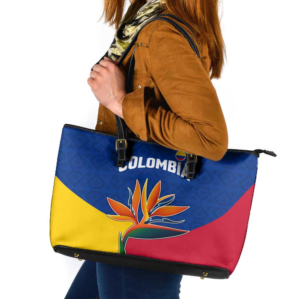 Colombia Heliconia Flower Leather Tote Bag with Flag Colors and Blue Cultural Pattern Design - Wonder Print Shop