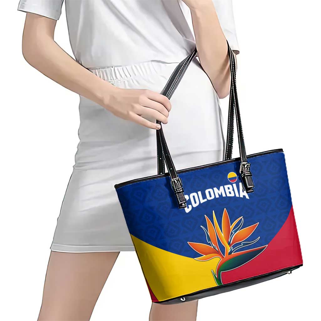 Colombia Heliconia Flower Leather Tote Bag with Flag Colors and Blue Cultural Pattern Design - Wonder Print Shop