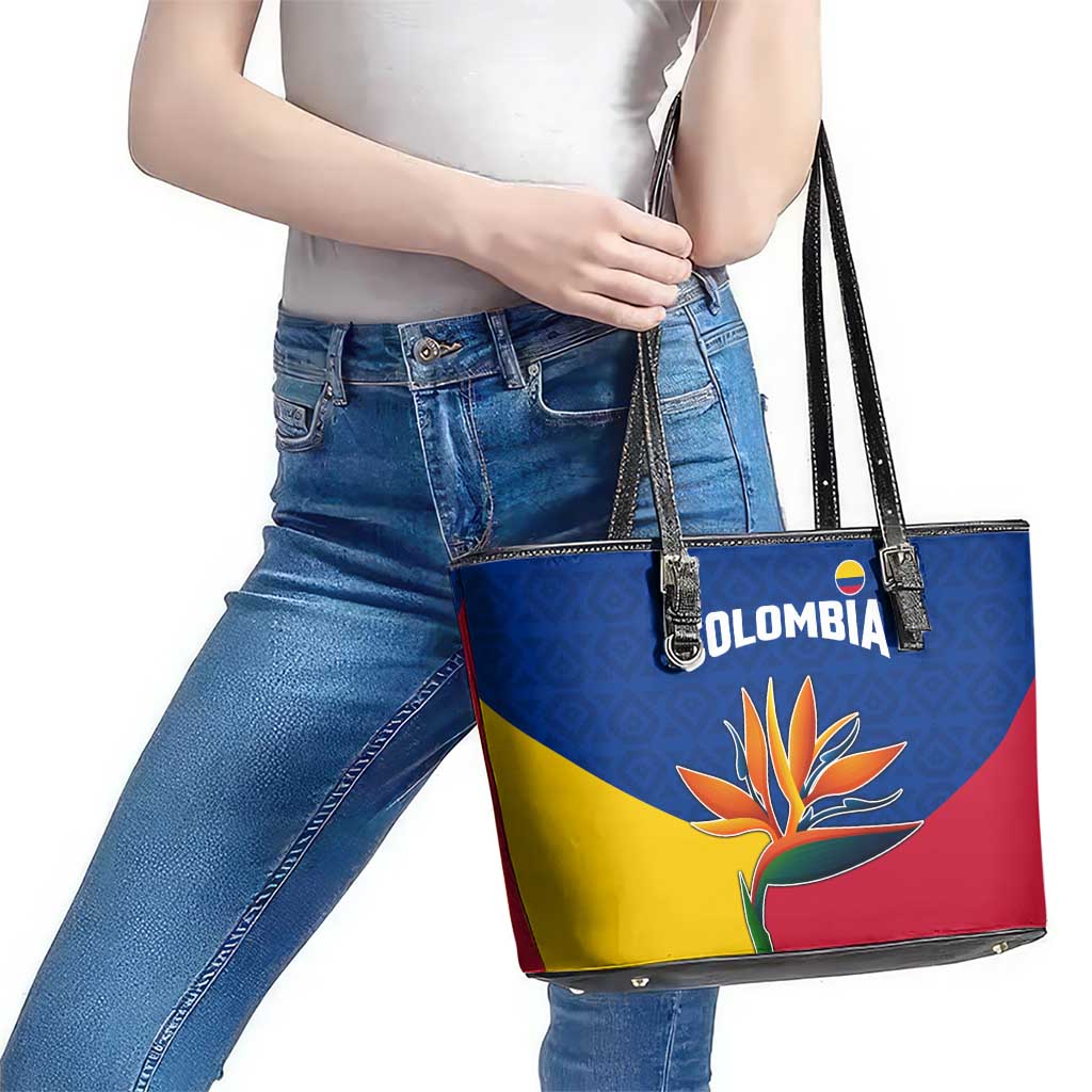 Colombia Heliconia Flower Leather Tote Bag with Flag Colors and Blue Cultural Pattern Design - Wonder Print Shop