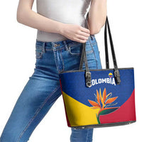 Colombia Heliconia Flower Leather Tote Bag with Flag Colors and Blue Cultural Pattern Design - Wonder Print Shop