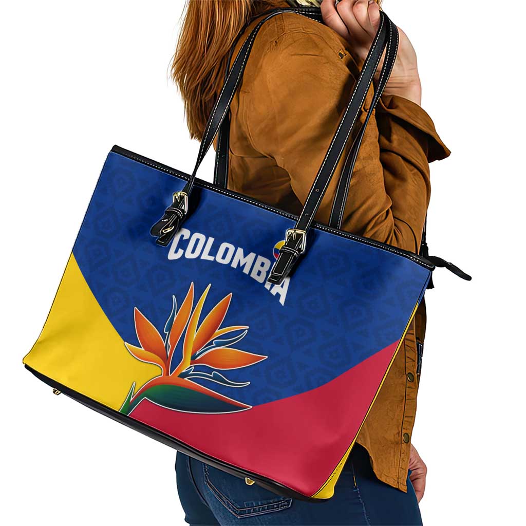 Colombia Heliconia Flower Leather Tote Bag with Flag Colors and Blue Cultural Pattern Design - Wonder Print Shop