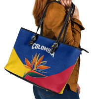 Colombia Heliconia Flower Leather Tote Bag with Flag Colors and Blue Cultural Pattern Design - Wonder Print Shop