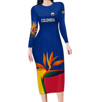 Colombia Heliconia Flower Long Sleeve Bodycon Dress with Flag Colors and Blue Cultural Pattern Design - Wonder Print Shop