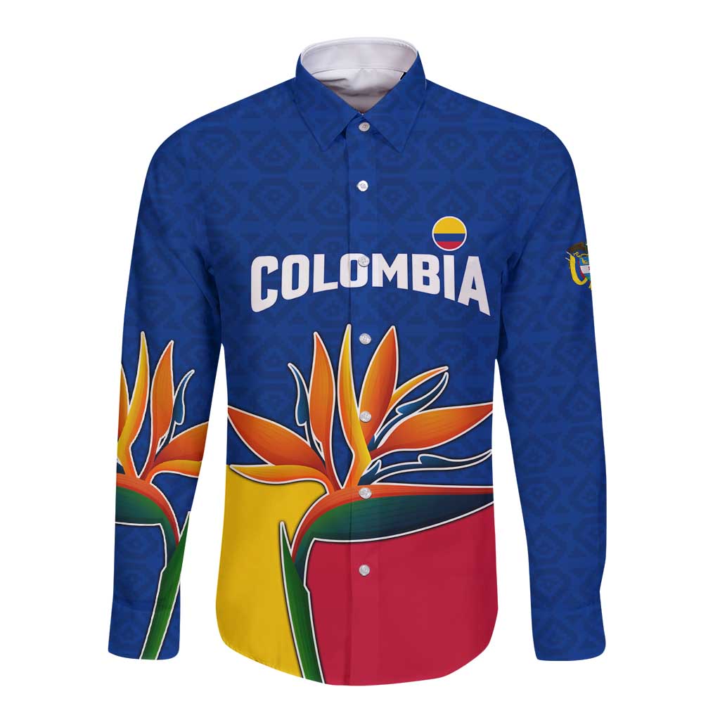 Colombia Heliconia Flower Long Sleeve Button Shirt with Flag Colors and Blue Cultural Pattern Design - Wonder Print Shop