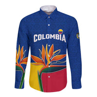 Colombia Heliconia Flower Long Sleeve Button Shirt with Flag Colors and Blue Cultural Pattern Design - Wonder Print Shop