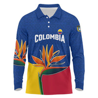 Colombia Heliconia Flower Long Sleeve Polo Shirt with Flag Colors and Blue Cultural Pattern Design - Wonder Print Shop