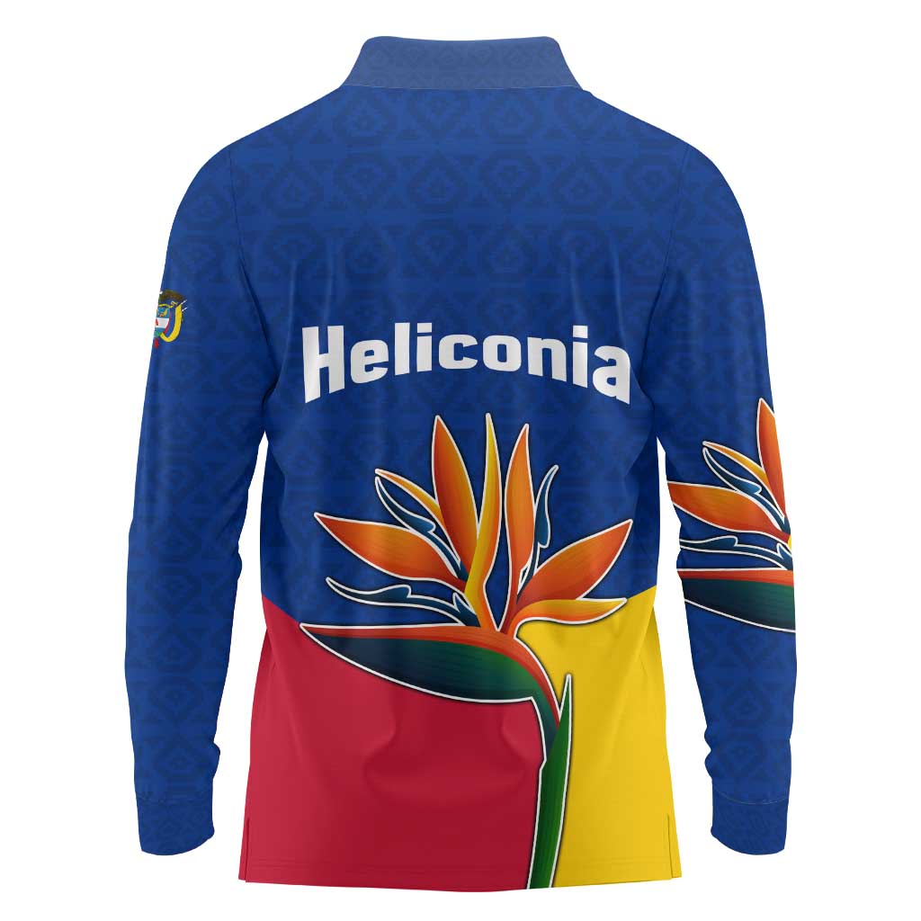 Colombia Heliconia Flower Long Sleeve Polo Shirt with Flag Colors and Blue Cultural Pattern Design - Wonder Print Shop