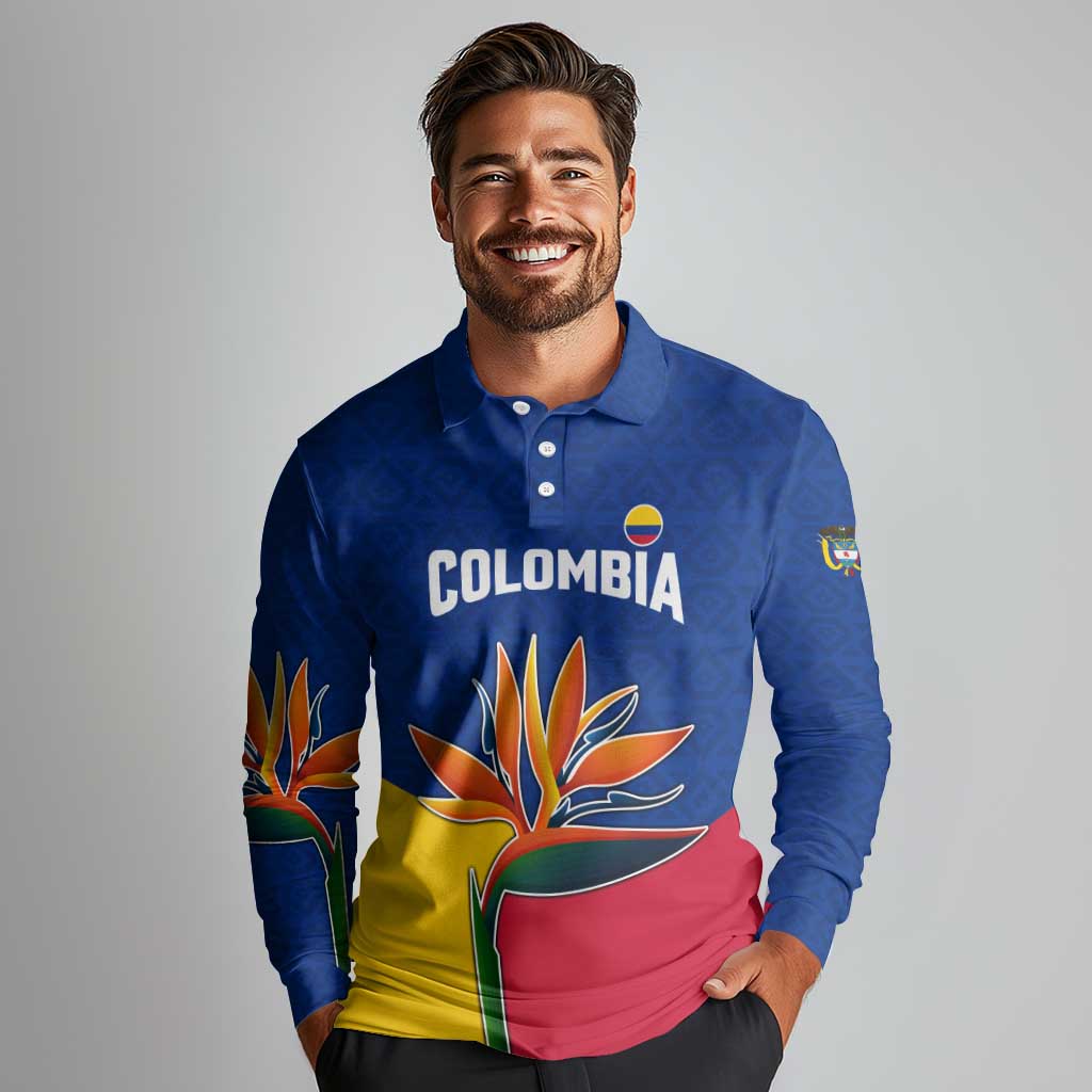 Colombia Heliconia Flower Long Sleeve Polo Shirt with Flag Colors and Blue Cultural Pattern Design - Wonder Print Shop