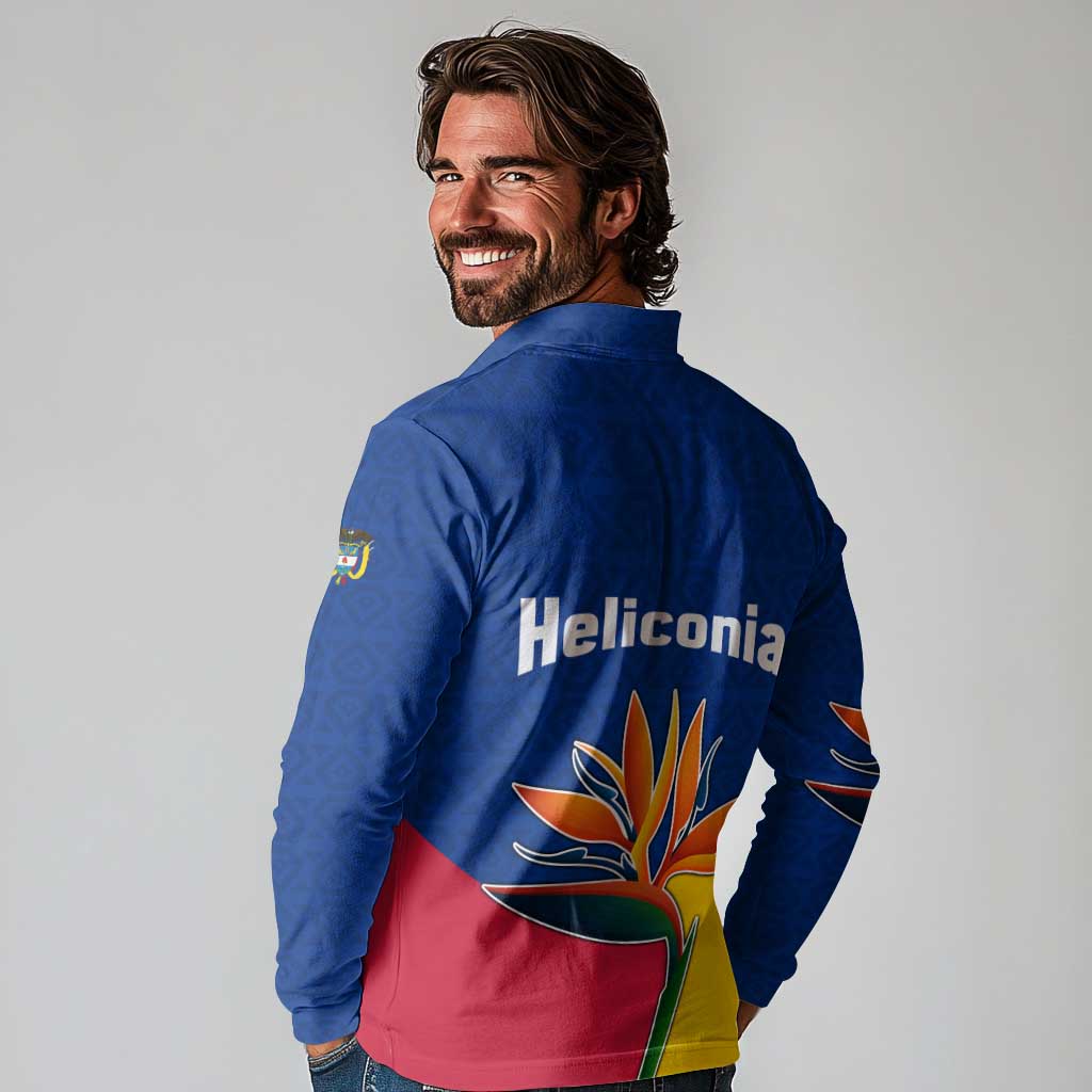 Colombia Heliconia Flower Long Sleeve Polo Shirt with Flag Colors and Blue Cultural Pattern Design - Wonder Print Shop
