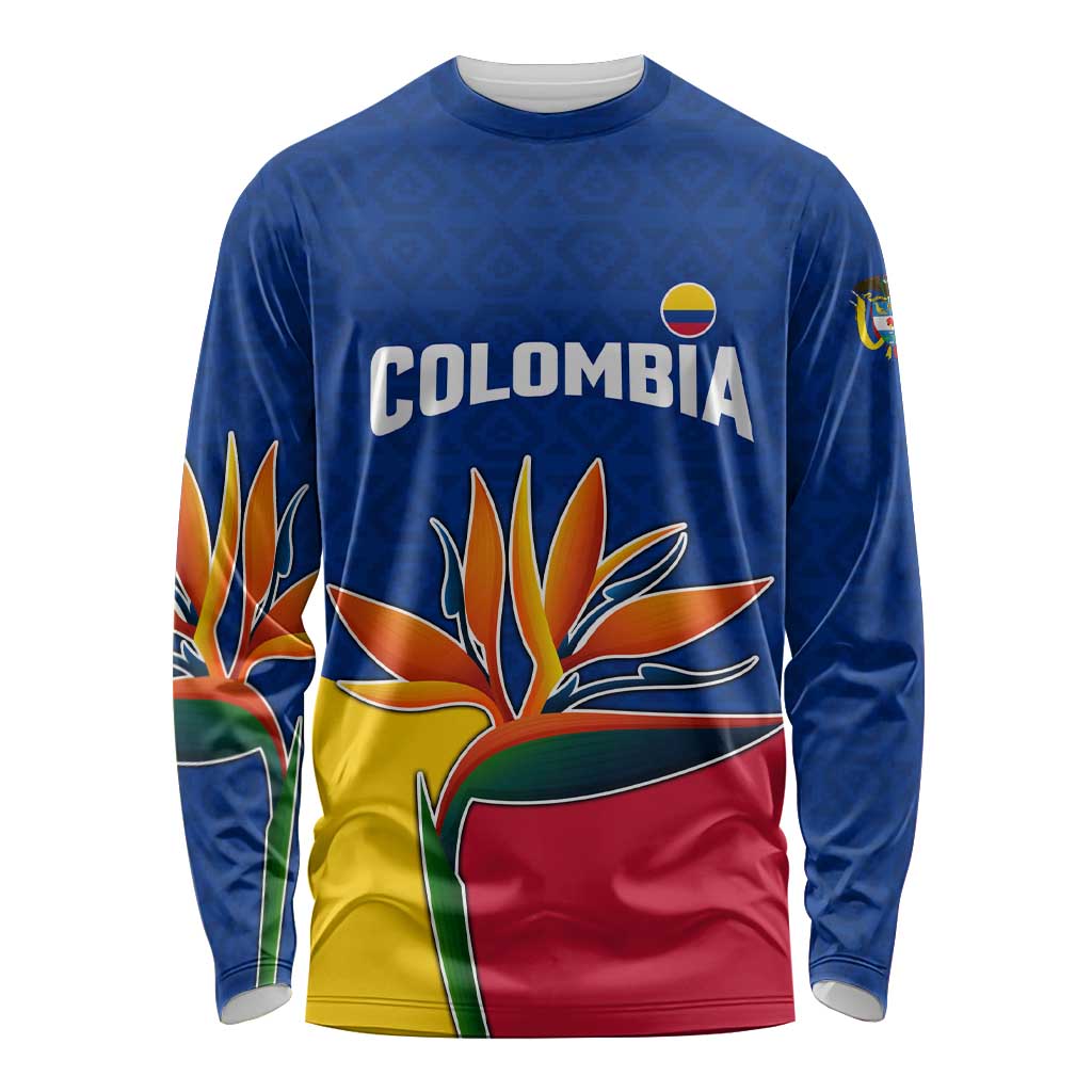 Colombia Heliconia Flower Long Sleeve Shirt with Flag Colors and Blue Cultural Pattern Design - Wonder Print Shop