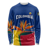 Colombia Heliconia Flower Long Sleeve Shirt with Flag Colors and Blue Cultural Pattern Design - Wonder Print Shop