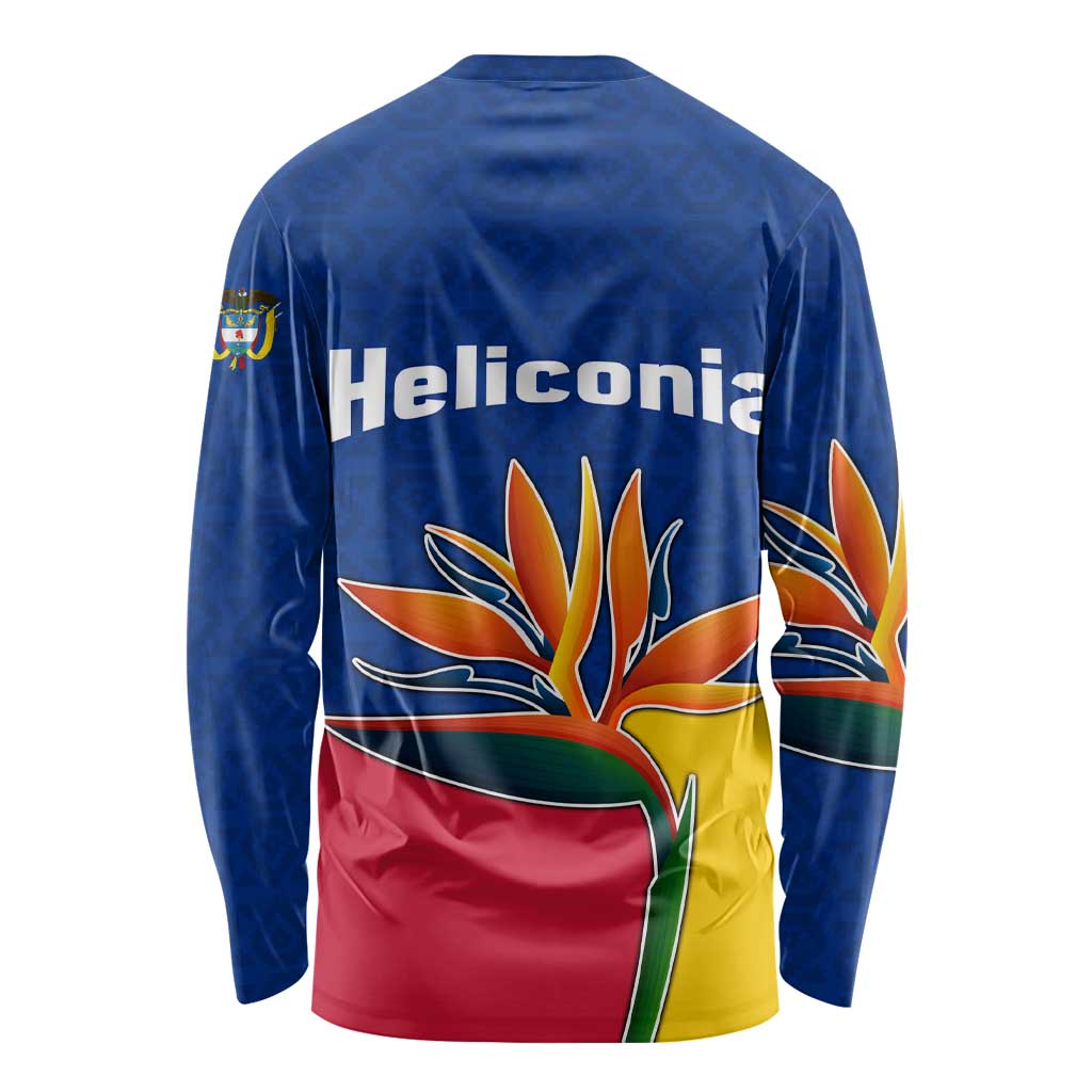 Colombia Heliconia Flower Long Sleeve Shirt with Flag Colors and Blue Cultural Pattern Design - Wonder Print Shop