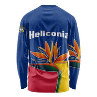 Colombia Heliconia Flower Long Sleeve Shirt with Flag Colors and Blue Cultural Pattern Design - Wonder Print Shop