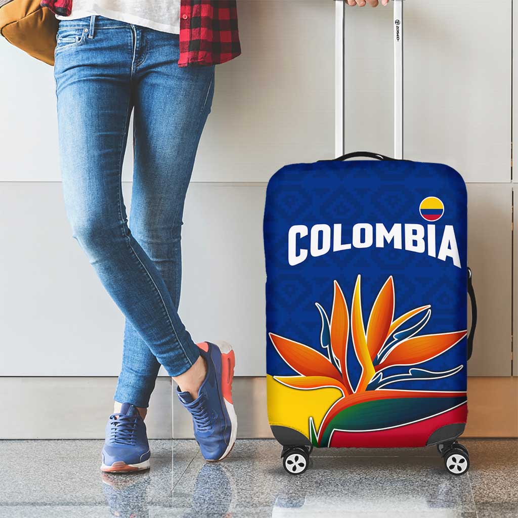 Colombia Heliconia Flower Luggage Cover with Flag Colors and Blue Cultural Pattern Design - Wonder Print Shop