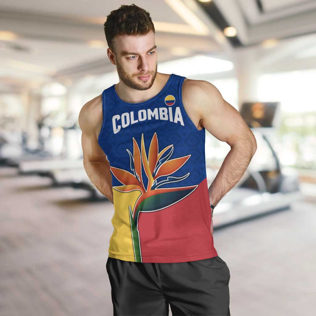 Colombia Heliconia Flower Men Tank Top with Flag Colors and Blue Cultural Pattern Design - Wonder Print Shop