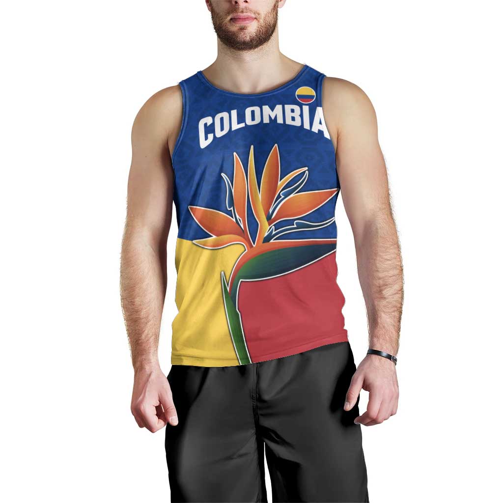 Colombia Heliconia Flower Men Tank Top with Flag Colors and Blue Cultural Pattern Design - Wonder Print Shop