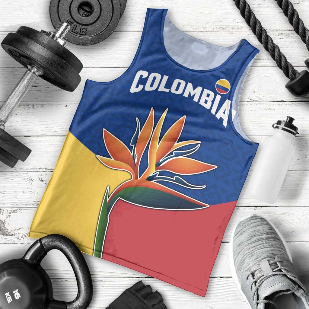 Colombia Heliconia Flower Men Tank Top with Flag Colors and Blue Cultural Pattern Design - Wonder Print Shop