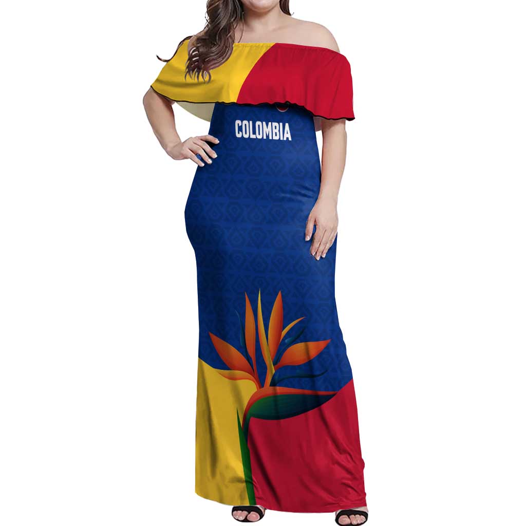 Colombia Heliconia Flower Off Shoulder Maxi Dress with Flag Colors and Blue Cultural Pattern Design - Wonder Print Shop