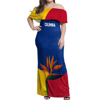Colombia Heliconia Flower Off Shoulder Maxi Dress with Flag Colors and Blue Cultural Pattern Design - Wonder Print Shop
