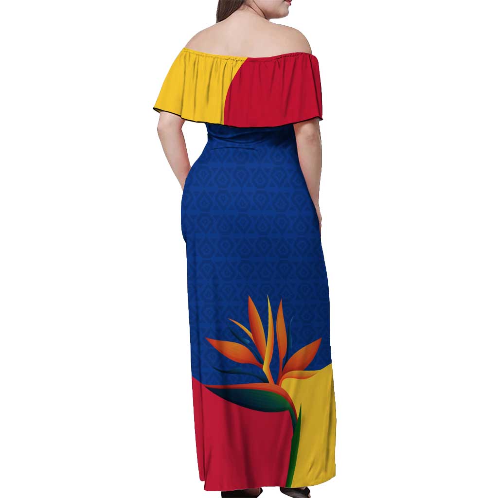 Colombia Heliconia Flower Off Shoulder Maxi Dress with Flag Colors and Blue Cultural Pattern Design - Wonder Print Shop