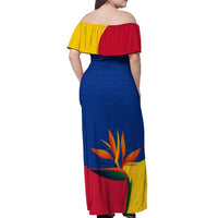 Colombia Heliconia Flower Off Shoulder Maxi Dress with Flag Colors and Blue Cultural Pattern Design - Wonder Print Shop