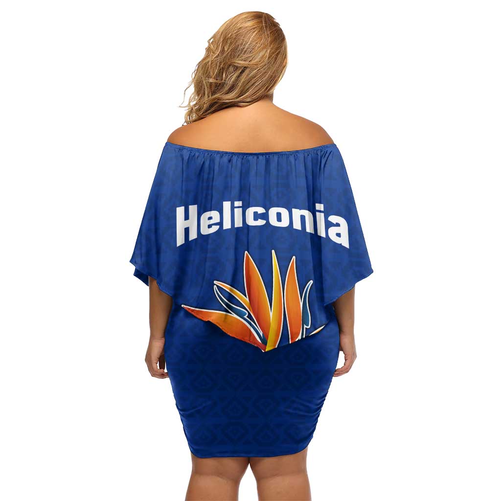 Colombia Heliconia Flower Off Shoulder Short Dress with Flag Colors and Blue Cultural Pattern Design - Wonder Print Shop