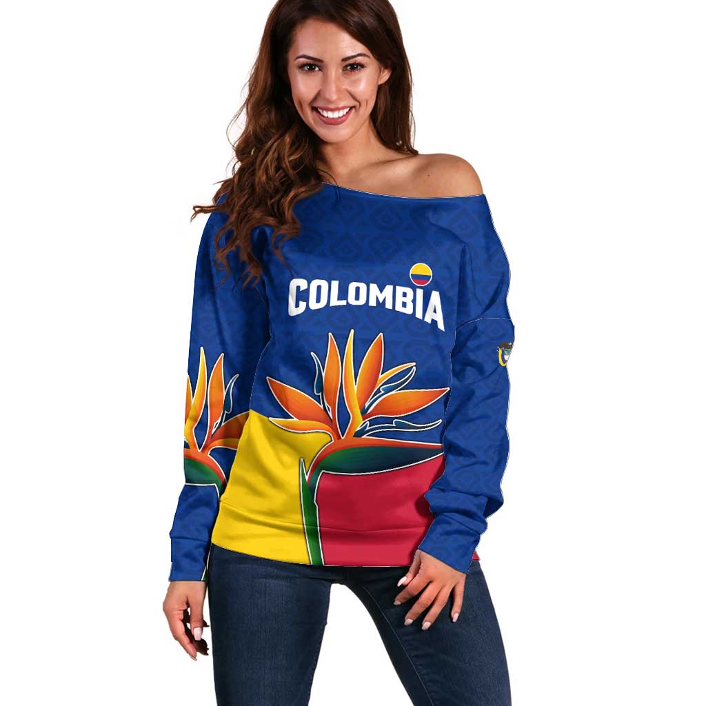Colombia Heliconia Flower Off Shoulder Sweater with Flag Colors and Blue Cultural Pattern Design - Wonder Print Shop