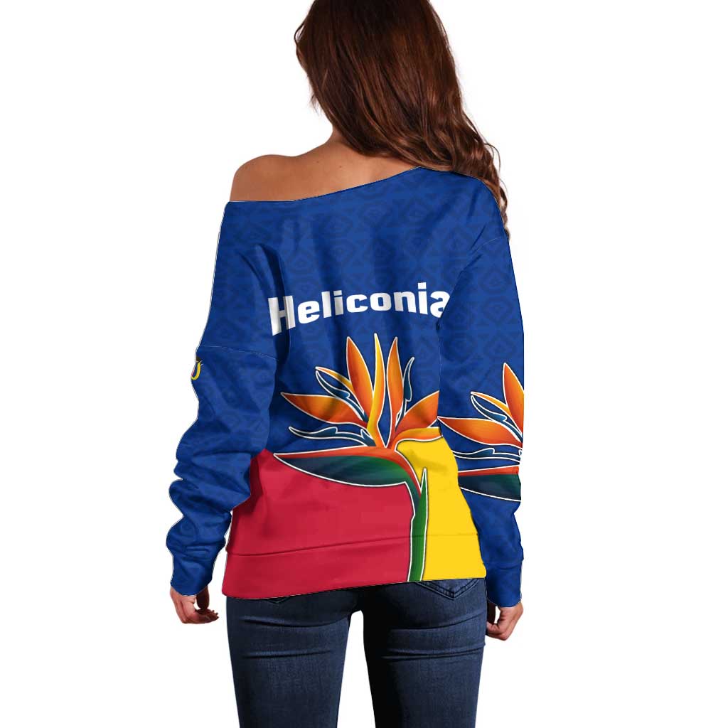 Colombia Heliconia Flower Off Shoulder Sweater with Flag Colors and Blue Cultural Pattern Design - Wonder Print Shop